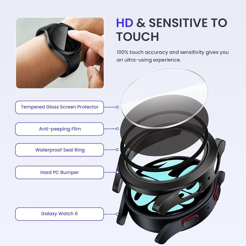 Waterproof case for Galaxy Watch 6 screen protector 44mm, [no fog] tempered glass face cover for Samsung watch 6 accessories 44mm privacy Black