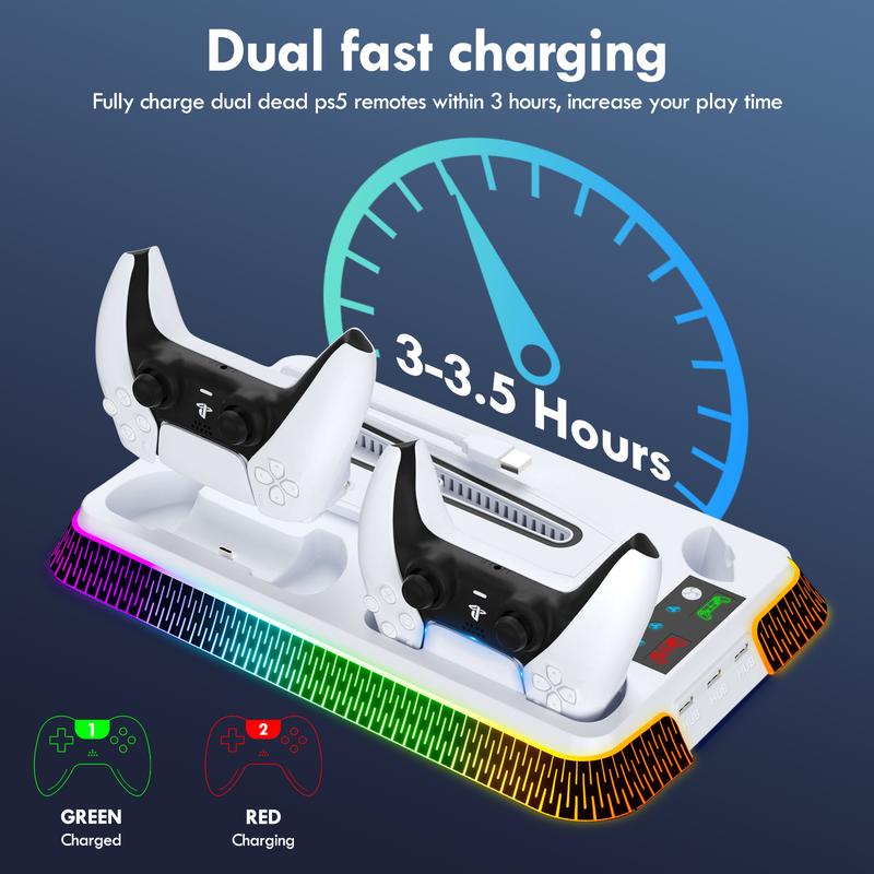 PS5 Stand & Cooling Station for PS5&PS5 Slim&PS5 Pro Disc & Digital Console, RGB Game Accessories with 3 Level Cooling Fans&Controller Charger&3 USB Hubs