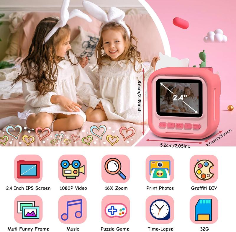 Kids Instant Print Camera,1080P HD Digital Kids Camera with Print Paper,Christmas Birthday Gifts Toys for Girls Boys Age 3 4 5 6 7 8 9 10 11 12 Year Old Pink