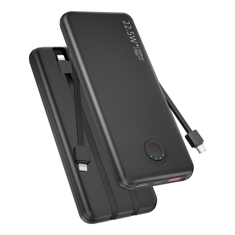 Built-in 2 cables, 12000mAh-portable charger, power bank, QC3.0 PD20W fast charging, 5 output ports battery pack, suitable for travel & work