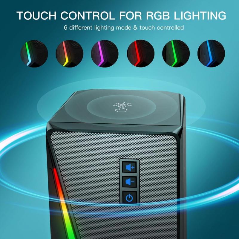 Computer Speakers, Desktop Speakers with 6 Colorful RGB Lights, Volume Control PC Speakers, USB Powered Gaming Speakers with 3.5mm Aux Cable Suitable for PC Monitor Laptop Tablet Phone