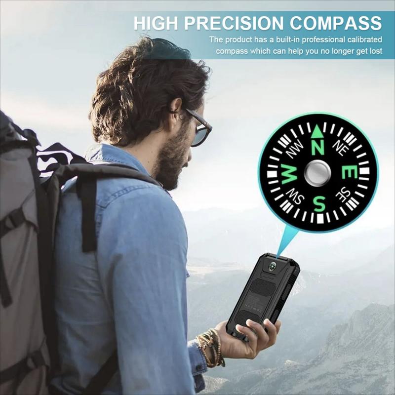 Solar Charger Power Bank, Portable Charger Fast Charger Dual USB Port Built-in Led Flashlight and Compass for All Cell Phone and Electronic Devices