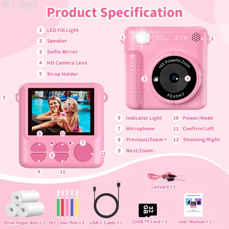 Kids Camera Instant Camera, 1080P 2.4 Inch Screen Instant Camera Kids With Print Paper & 32GB Card, Digital Camera Kids Gift For Kids3-12 Years Charging Rechargeable