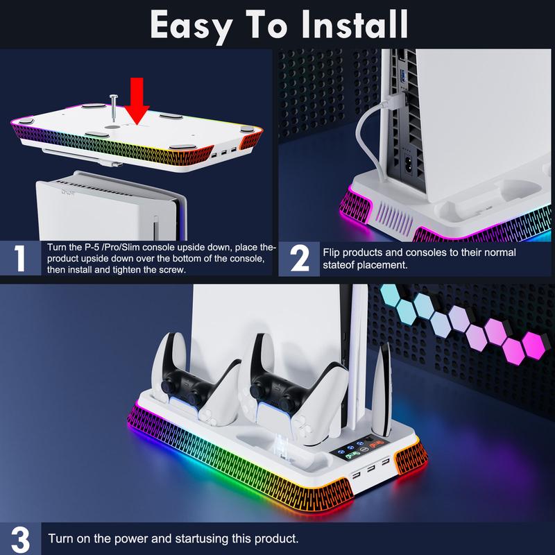 PS5 Stand & Cooling Station for PS5&PS5 Slim&PS5 Pro Disc & Digital Console, RGB Game Accessories with 3 Level Cooling Fans&Controller Charger&3 USB Hubs