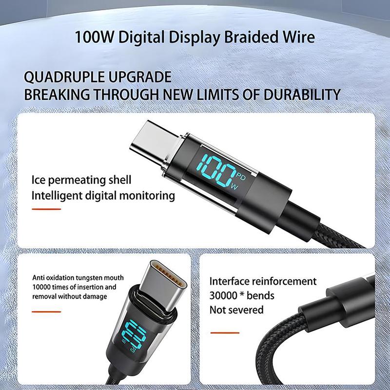 100W Type-C to Type-C Digital Display Fast Charging Data Cable, Nylon Braided Cable, Mobile Phone Accessories for iPhone 15 Pro Max Samsung S22 S21 Ultra