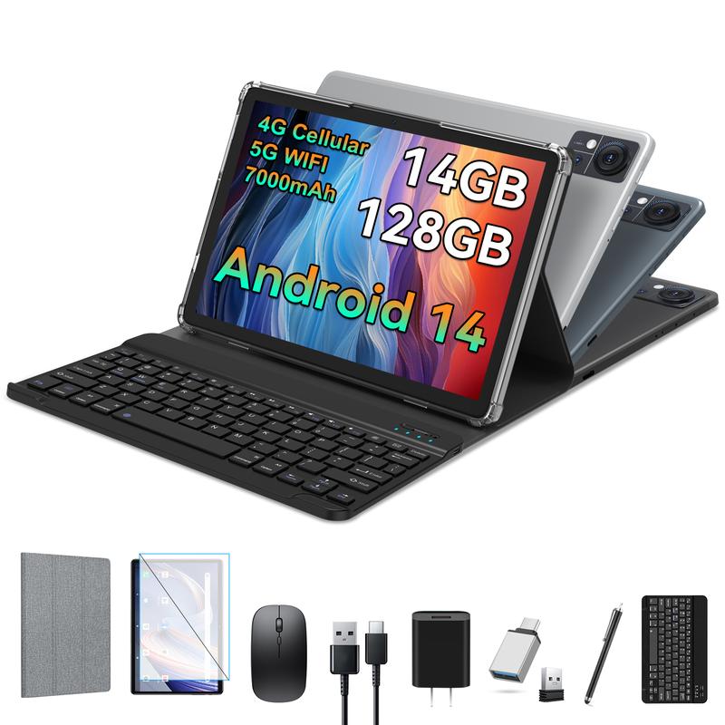 Android 14 Tablet 10.1 Inch Incell Large Screen, 2025 Newest 4G Cellular Tablet with Keyboard 14GB RAM(8+6 Virtual)+128GB ROM+1TB, 2 in 1 Octa-Core Tablet 5G WIFI 7000mAh Battery, Bluetooth Mouse Case Android 2-in-1