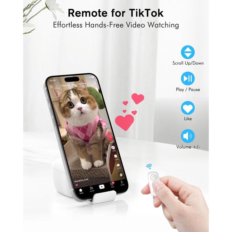 Remote Scrolling Ring for TikTok, 2-in-1 TIK Tok Scroller Ring with Phone Holder, Wireless Page Turner for iPad iPhone Ebook Reading, Photo Taking Video Recording Remote for iOS Android Devices Pink