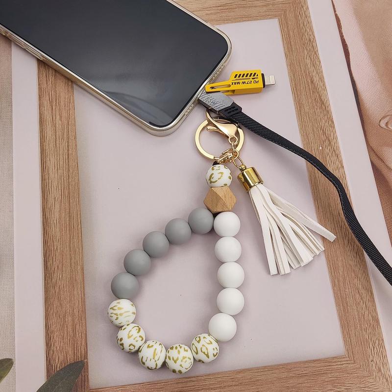 Phone Lanyard Silicone Beaded Phone Wrist Strap Cute Elastic Cell Phone Wristlet Chain Bracelet with 2 Tether Tab