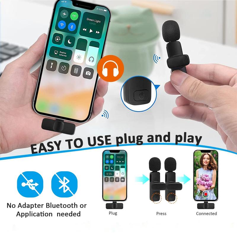 2 Pieces Wireless Lavalier Microphones for iPhone, Android, iPad- Recording, Live Streaming,Vlog,tiktok shop Audio Smartphone