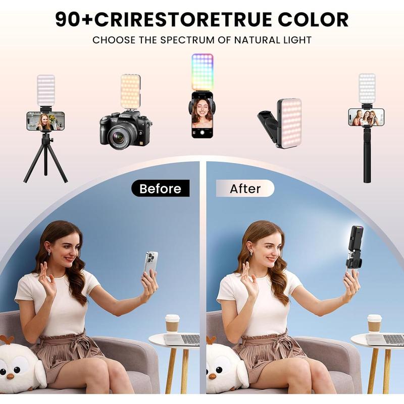 WERWR Phone Light, Selfie Light for iPhone, High Power Rechargeable RGB Light for Video Recording, Upgraded Adjustable Multi Mode Retractable Clip Portable Light,, Makeup, Content Creator Light