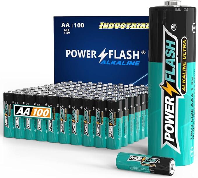 POWERFLASH AA Batteries, 100 count Double A Battery with Long-Lasting Power, Leakproof Design, 10 Years Shelf Life, Alkaline AA Battery for Household and Office Dev Accessories Durable Electronic Game