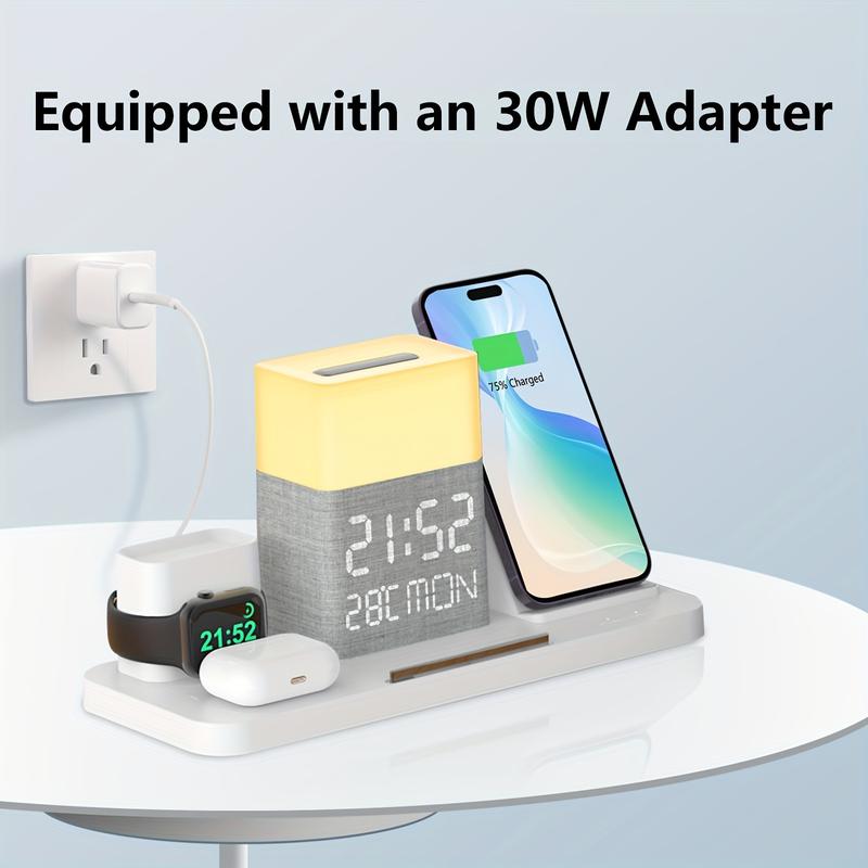 7-in-1 Dual Mobile Phone Wireless Charging Station, with Night Light, Mobile Phone Holder, Mobile Phone Time Synchronization, Time Week Temperature Display, 30W Adapter, iPhone, AirPods and IWatch Fast Charging Dock, Wired Output USB C and USB A