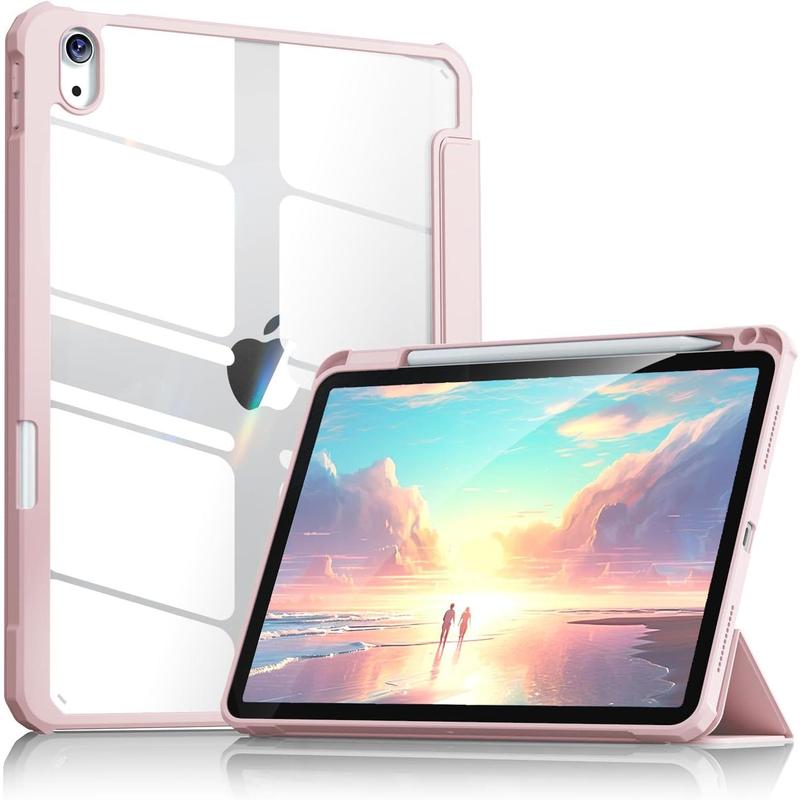 Case for iPad 10th Generation 10.9 inch 2022 -[Built-in Pencil Holder] Clear Transparent  Shell with Trifold Stand Shockproof Cover, Auto Sleep Wake, Pink