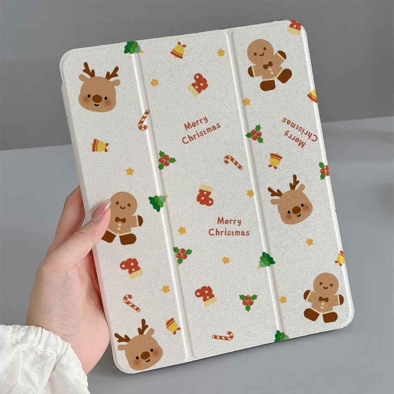 Cartoon Gingerbread Man & Reindeer Pattern Tablet Case, 1 Count Shockproof Tablet Protective Cover, Tablet Accessories Compatible with iPad