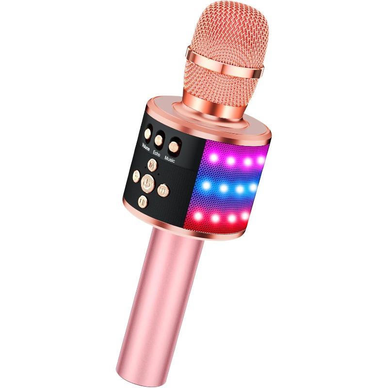 Bluetooth Wireless Karaoke Microphone with LED Lights,4-in-1 Portable Handheld Mic with Speaker Karaoke Player for Singing Home Party Birthday Gift for Adults Q78(Rose Gold)