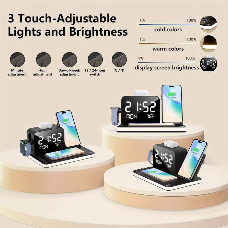 7-in-1 Dual Mobile Phone Wireless Charging Station, with Night Light, Mobile Phone Holder, Mobile Phone Time Synchronization, Time Week Temperature Display, 30W Adapter, iPhone, AirPods and IWatch Fast Charging Dock, Wired Output USB C and USB A