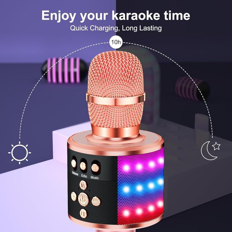 Bluetooth Wireless Karaoke Microphone with LED Lights,4-in-1 Portable Handheld Mic with Speaker Karaoke Player for Singing Home Party Birthday Gift for Adults Q78(Rose Gold)