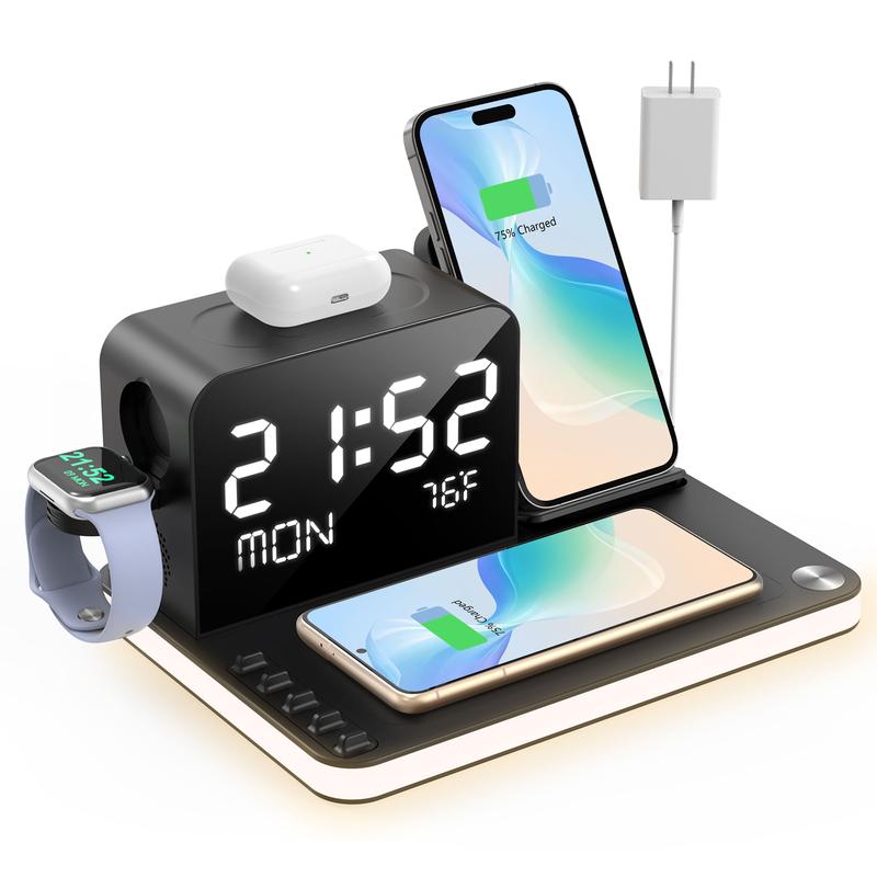 7-in-1 Dual Mobile Phone Wireless Charging Station, with Night Light, Mobile Phone Holder, Mobile Phone Time Synchronization, Time Week Temperature Display, 30W Adapter, iPhone, AirPods and IWatch Fast Charging Dock, Wired Output USB C and USB A