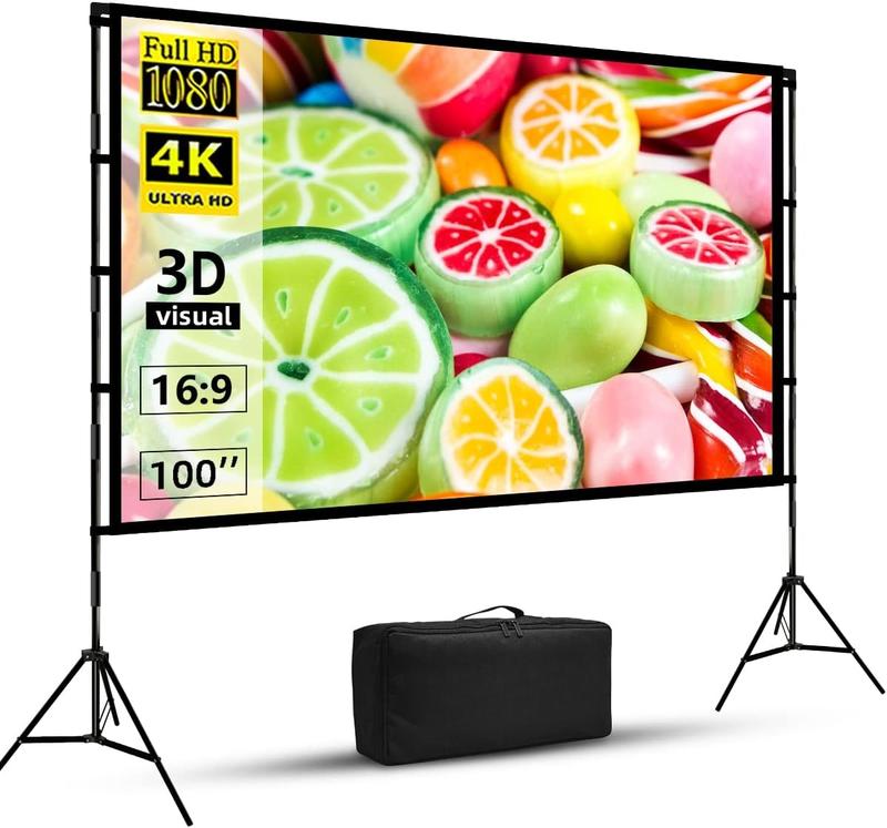 Projector Screen with Stand,  100 inch Outdoor Projector Screen Portable Indoor Projection Screen 16:9 4K Rear Front Movie Screen with Carry Bag for Home Backyard Theater