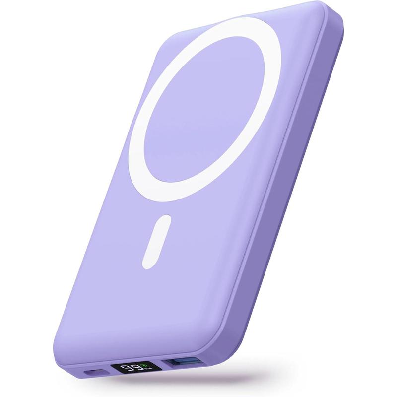 Wireless power bank, slim 10000mAh mnetic portable charger 22.5W fast charging, mini M-safe battery pack qc3.0 LED display compatible with iPhone 15 14 13 12 pro mini Pro Max (purple).Gift 