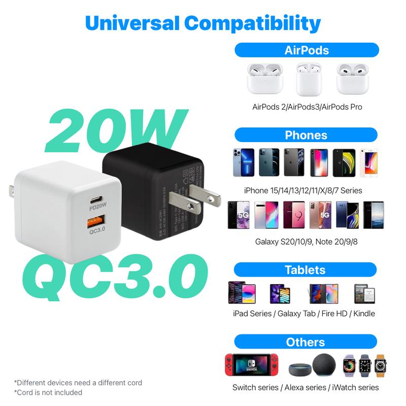 UNIQNOVA Dual Ports Foldable Fast Charger PD20W & QC3.0 Power Adapter Brick Wall Charger Blockfor iPhone iPadPro Galaxy Pixel Smartphone Cellphone Mobile Charging