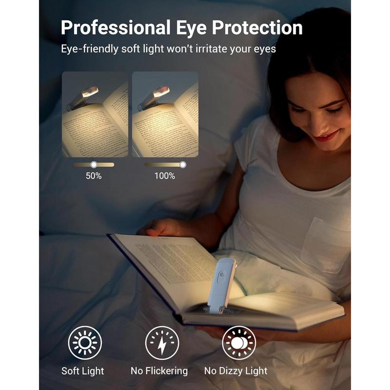 USB Rechargeable Book Light, Warm White, Brightness Adjustable for Eye-Protection, LED Clip on Portable Bookmark Light for Reading in Bed, Car Charging Holder