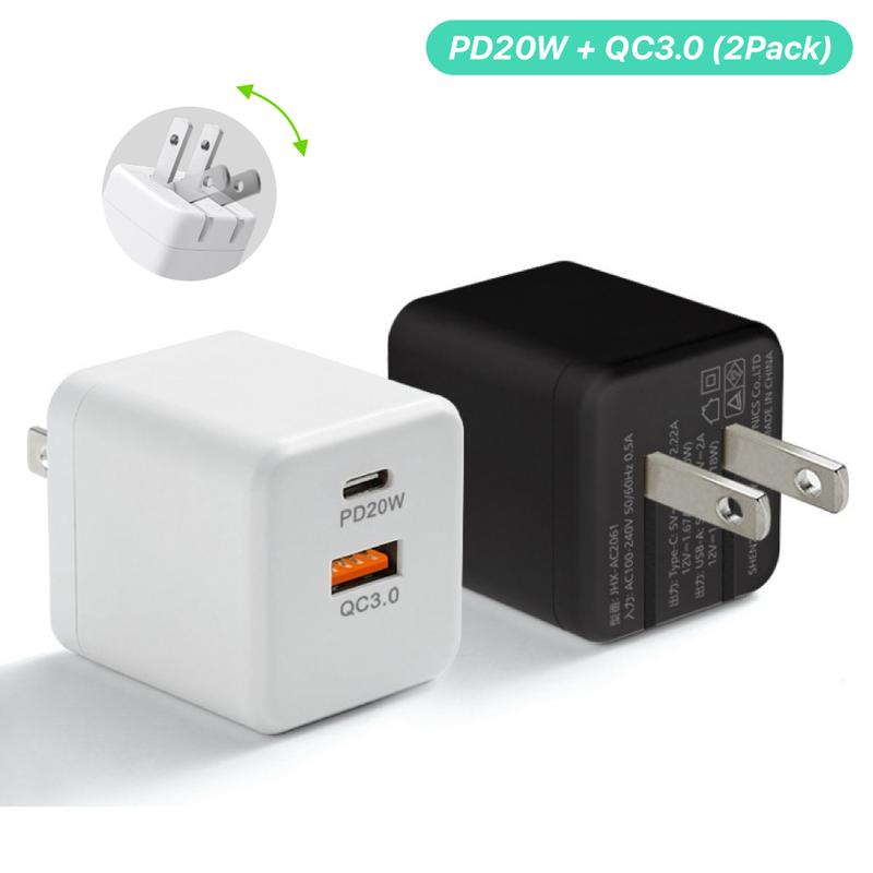 UNIQNOVA Dual Ports Foldable Fast Charger PD20W & QC3.0 Power Adapter Brick Wall Charger Blockfor iPhone iPadPro Galaxy Pixel Smartphone Cellphone Mobile Charging