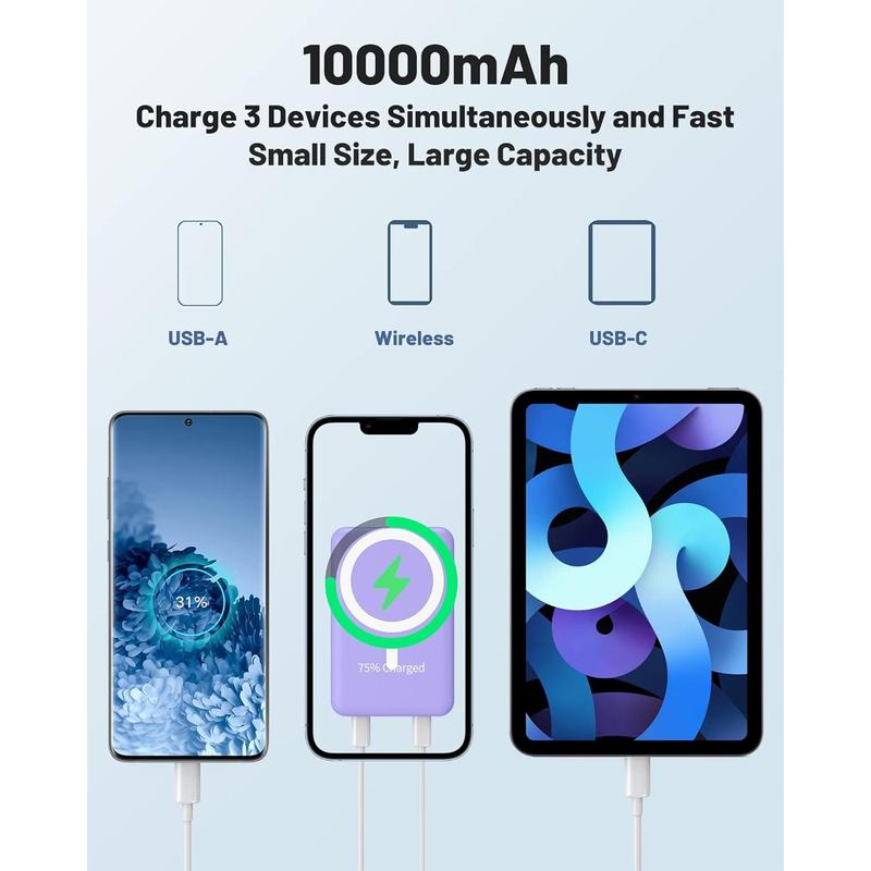 Wireless power bank, slim 10000mAh mnetic portable charger 22.5W fast charging, mini M-safe battery pack qc3.0 LED display compatible with iPhone 15 14 13 12 pro mini Pro Max (purple).Gift 