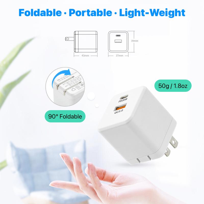 UNIQNOVA Dual Ports Foldable Fast Charger PD20W & QC3.0 Power Adapter Brick Wall Charger Blockfor iPhone iPadPro Galaxy Pixel Smartphone Cellphone Mobile Charging