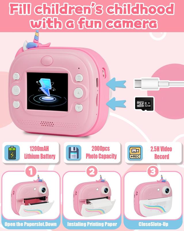 Kids Camera Instant Print, Christmas Birthday Gifts for Girls Age 3-12, Ideal Toy for 3 4 5 6 7 8 9 10 Years Old Girls Boys, Toddler Camera Toys with 3 Rolls Print Paper & 32GB Card (Pink)