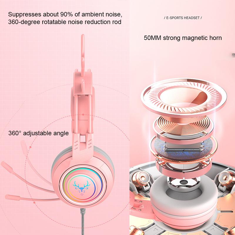 Cat Ear Headphones Gaming Headset with Mic for PC Laptop Switch PS4 PS5(Pink  Black), girl Wired Headphones RGB Light up Kawaii Kitty Noise Cancelling Headphones for Gamer PC Laptop