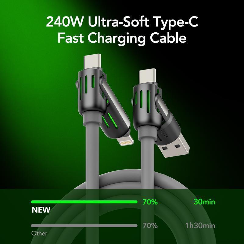 NEW 4-in-1 Multi USB Charging Cable -MAX 240W Fast Charging Charger Cord with USB A+Type C for iPhone 16 15 14 13 iPad Samsung Galaxy MacBook iPad Tablets and More 4 1 charging cable 4-in-1 USB orange  charger cable -max