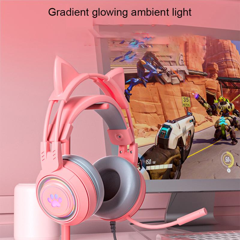 Cat Ear Headphones Gaming Headset with Mic for PC Laptop Switch PS4 PS5(Pink  Black), girl Wired Headphones RGB Light up Kawaii Kitty Noise Cancelling Headphones for Gamer PC Laptop