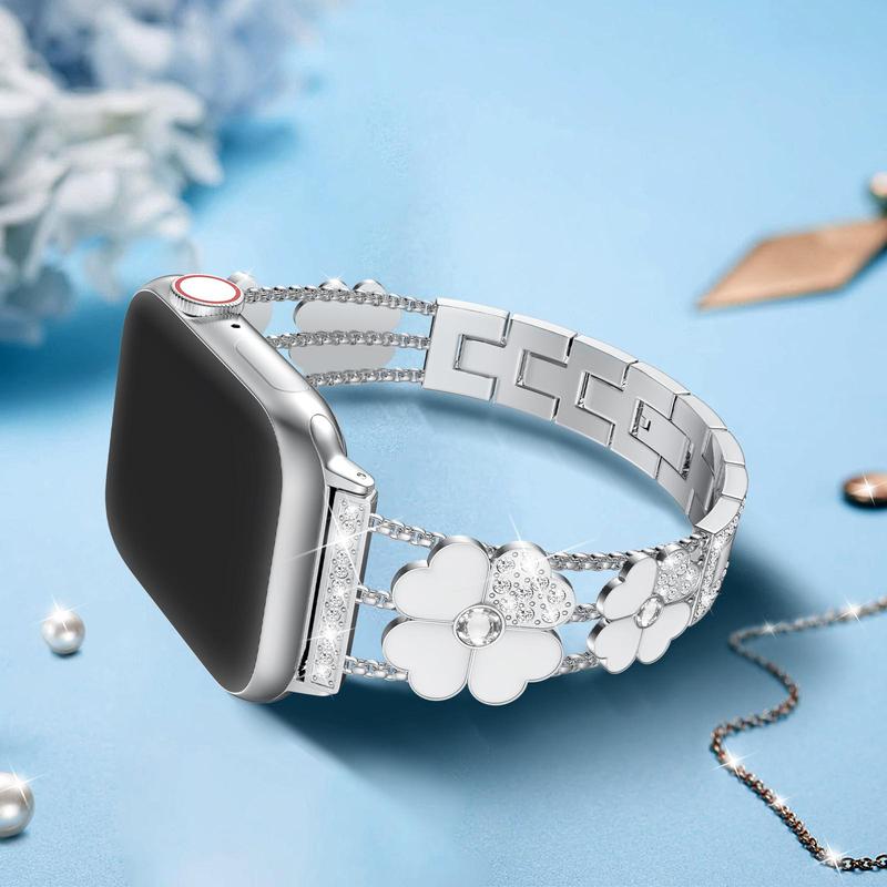 Four-leaf Clover Design Smart Watch Band for Apple Watch SE 8 7 6 5 4 3 2 (Band Only), Rhinestones Decor Stainless Steel Chain Smartwatch Band for Women, Replacement Fashion Watch Band, Wearable Accessories