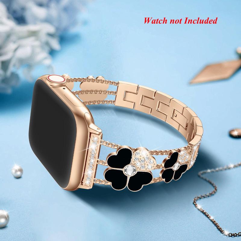 Four-leaf Clover Design Smart Watch Band for Apple Watch SE 8 7 6 5 4 3 2 (Band Only), Rhinestones Decor Stainless Steel Chain Smartwatch Band for Women, Replacement Fashion Watch Band, Wearable Accessories