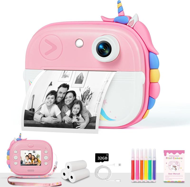 Kids Camera Instant Print, Christmas Birthday Gifts for Girls Age 3-12, Ideal Toy for 3 4 5 6 7 8 9 10 Years Old Girls Boys, Toddler Camera Toys with 3 Rolls Print Paper & 32GB Card (Pink)