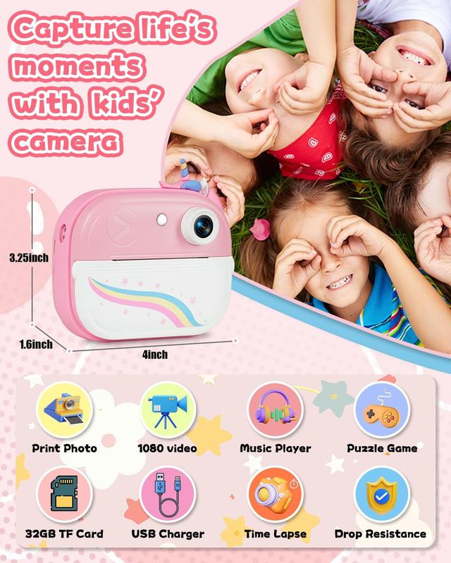 Kids Camera Instant Print, Christmas Birthday Gifts for Girls Age 3-12, Ideal Toy for 3 4 5 6 7 8 9 10 Years Old Girls Boys, Toddler Camera Toys with 3 Rolls Print Paper & 32GB Card (Pink)