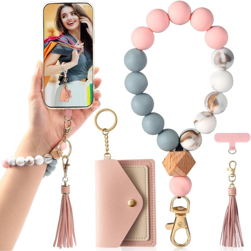 Silicone Beaded Phone Wrist Strap Cell Phone Lanyard with Tether Tab Tassel Wallet Wristlet Keychain for Women Credit Card Holder Keychains Silicone Key Ring Wristlet for Car Keys ID Badges(Pink)