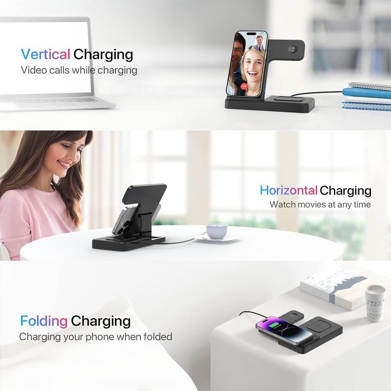 3 in 1 Wireless Charger, 15W Max Wireless Charging Station, Fast Wireless Charger Stand for iPhone iWatch AirPods