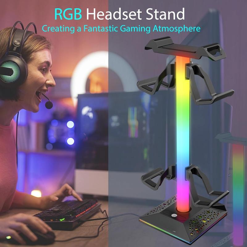 RGB Headset Stand, Gaming Controller Stand with 2 USB  Ports,10 Light Modes Headset Holder PC Gaming Accessories, Suitable for All Earphone Accessories, Gift for Boys Men Gamers