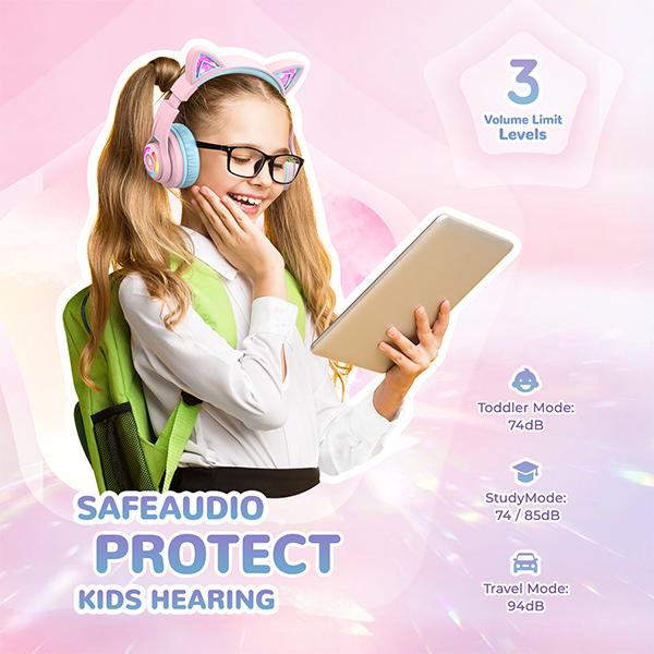 iClever Cat Ear Kids Bluetooth Headphones, LED Lights Up, 74 85 94dB Volume Limited, 50H Playtime, Bluetooth 5.2,  for iPad Tablet Travel  Christmas Gift