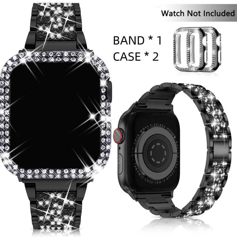 Rhinestone Decor Watch Band & Watch Case Set, Fashionable Watch Band with 2 Watch Case, Wearable Accessories Compatible with Apple Watch Series