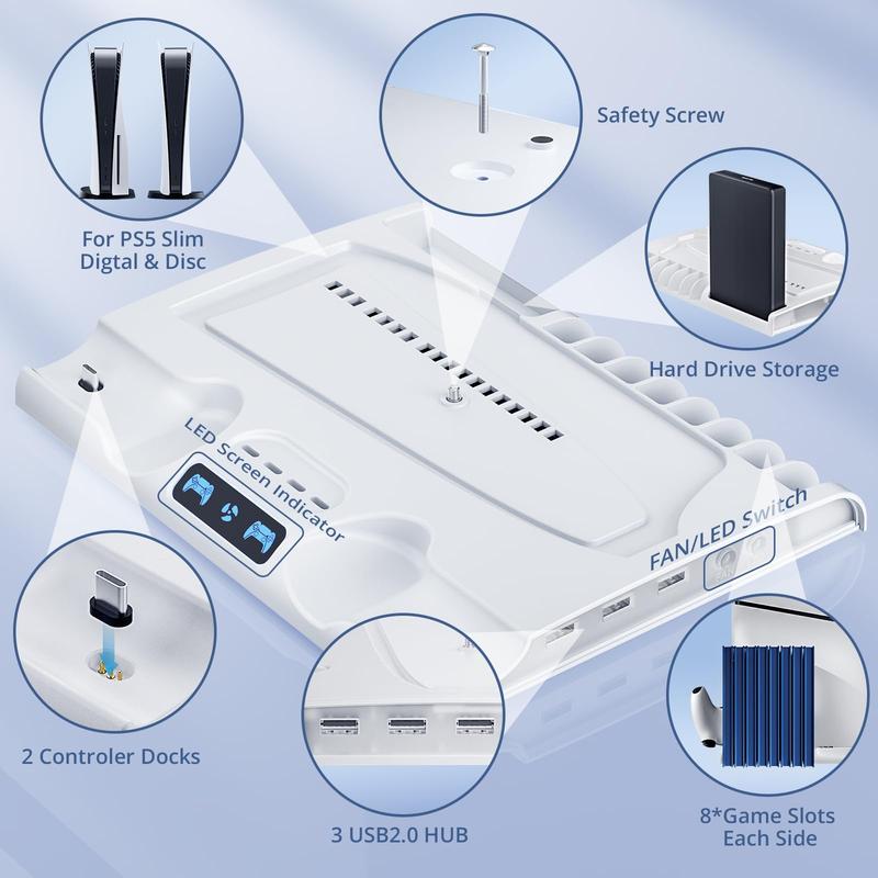 Multifunctional Cooling Stand for PS5 Slim, 1 Set Multipurpose Cooling Fan with Game Controller Charging Station, Console Accessories for PS5 Slim