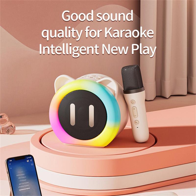 Karaoke Machine with 2-Wireless Microphones, Speaker with Bass Treble Adjustment, Portable USB Rechargeable BT Speaker with LED Light, Supports TF Card, AUX, REC, TWS