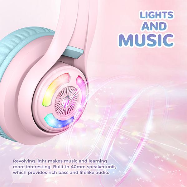 iClever Cat Ear Kids Bluetooth Headphones, LED Lights Up, 74 85 94dB Volume Limited, 50H Playtime, Bluetooth 5.2,  for iPad Tablet Travel  Christmas Gift