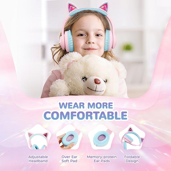 iClever Cat Ear Kids Bluetooth Headphones, LED Lights Up, 74 85 94dB Volume Limited, 50H Playtime, Bluetooth 5.2,  for iPad Tablet Travel  Christmas Gift