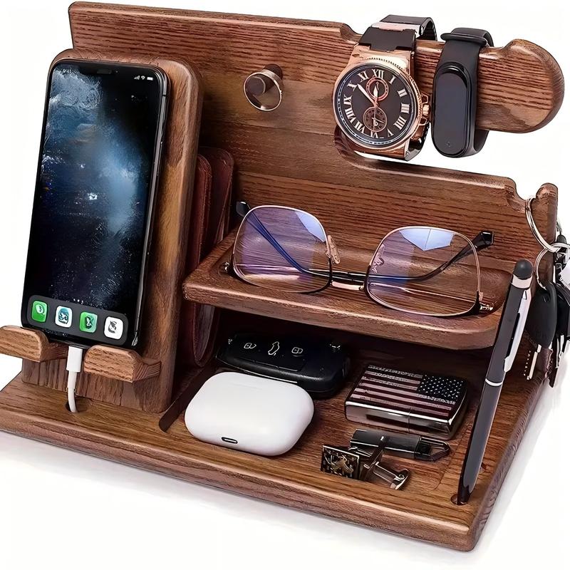 Wooden Multi-Functional Phone Holder, Docking Station, Key Holder, Wallet Stand, Watch Organizer, Nightstand Purse Storage Rack with Storage & Organization, Perfect Gift for Men, Father, Dad, Husband, Graduation, Anniversary, Birthday