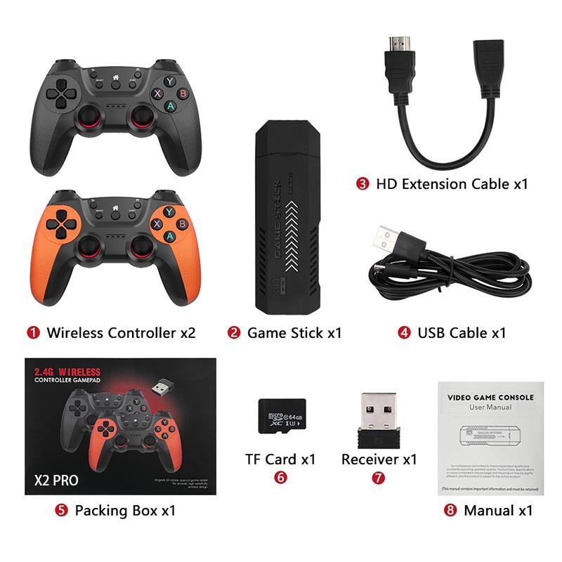 X2PRO gamestick Retro Game Stick,Plug and Play Video Games Stick with 40,000 Games,64G-128G Retro Arcade Game Emulator Handheld Game Console 4K with Dual 2.4G Controllers Button Cable