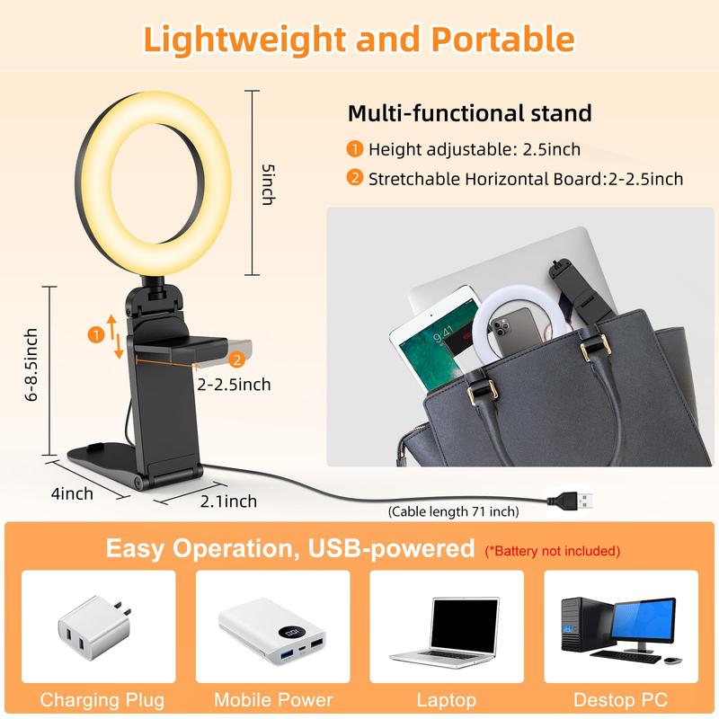 Portable Mini LED Selfie Light, USB Powered Desktop Clip-on Ring Light, Multifunction Filling Light for Meeting Video Recording, Camera Accessories