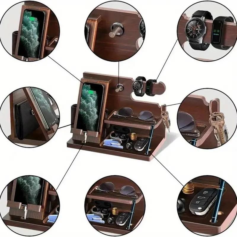 Wooden Multi-Functional Phone Holder, Docking Station, Key Holder, Wallet Stand, Watch Organizer, Nightstand Purse Storage Rack with Storage & Organization, Perfect Gift for Men, Father, Dad, Husband, Graduation, Anniversary, Birthday